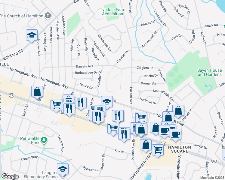 map of restaurants, bars, coffee shops, grocery stores, and more near 3306 Nottingham Way in Hamilton Township