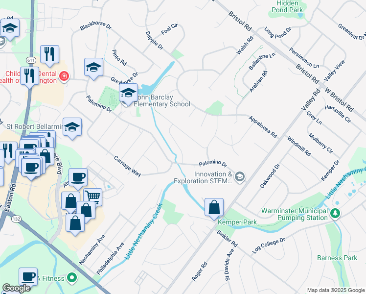 map of restaurants, bars, coffee shops, grocery stores, and more near 1813 Roan Drive in Warrington