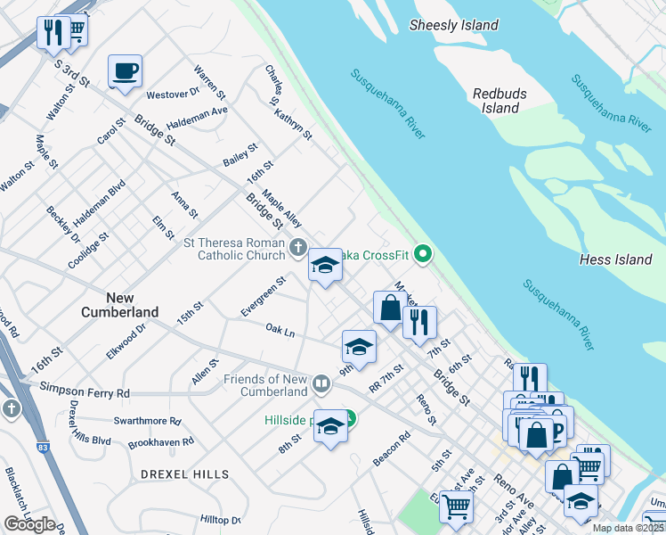 map of restaurants, bars, coffee shops, grocery stores, and more near 1219 Bridge Street in New Cumberland