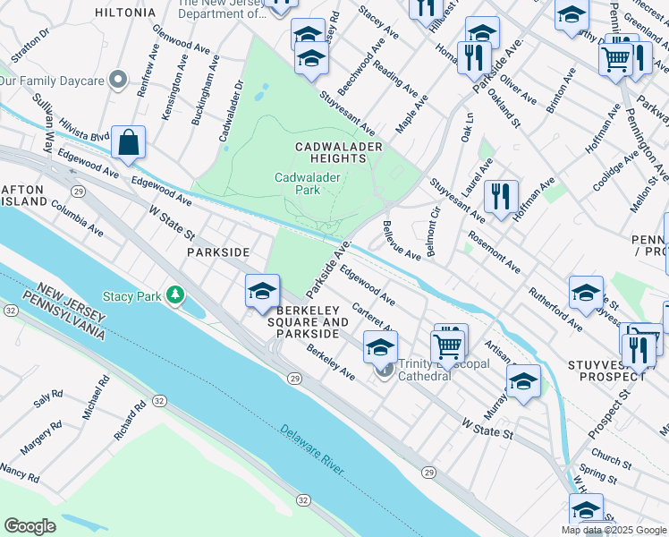 map of restaurants, bars, coffee shops, grocery stores, and more near 44 Parkside Avenue in Trenton