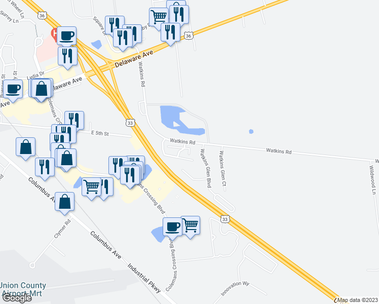 map of restaurants, bars, coffee shops, grocery stores, and more near 44 Riverwind Drive in Marysville