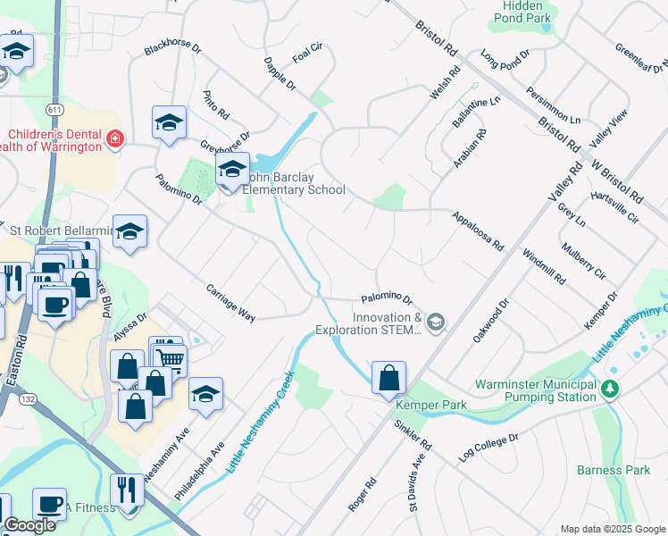 map of restaurants, bars, coffee shops, grocery stores, and more near 1813 Roan Drive in Warrington