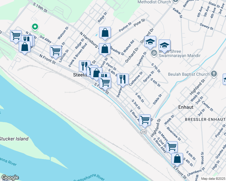 map of restaurants, bars, coffee shops, grocery stores, and more near 168 South 2nd Street in Steelton