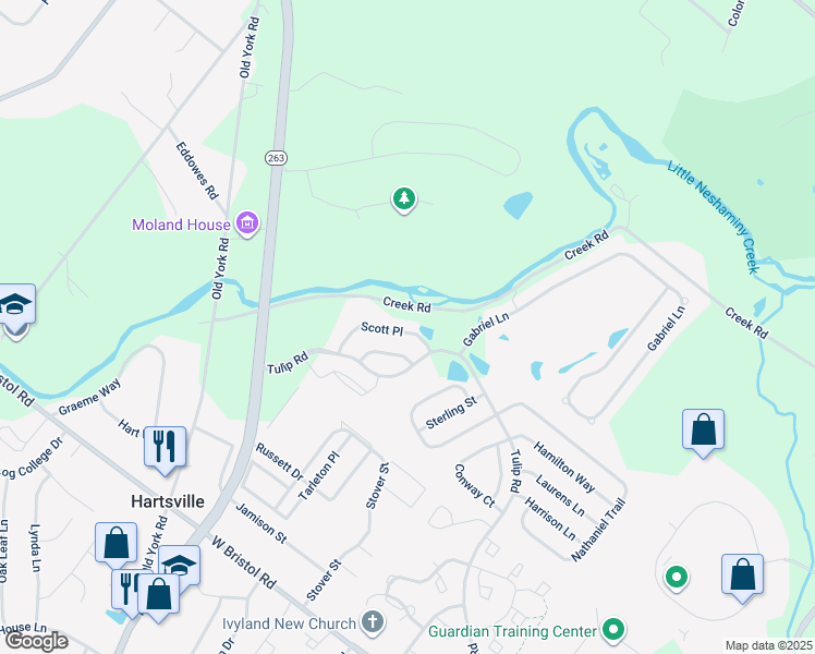 map of restaurants, bars, coffee shops, grocery stores, and more near 1207 Scott Place in Warminster