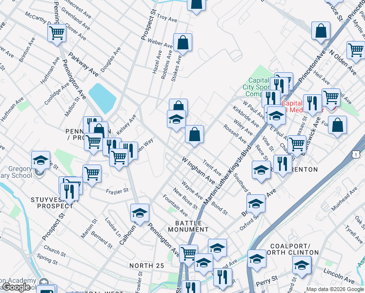 map of restaurants, bars, coffee shops, grocery stores, and more near 902 Rev S Howard Woodson Junior Way in Trenton