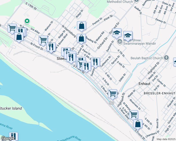 map of restaurants, bars, coffee shops, grocery stores, and more near 168 South 2nd Street in Steelton