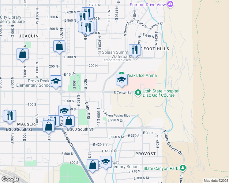 map of restaurants, bars, coffee shops, grocery stores, and more near 1500 East Center Street in Provo