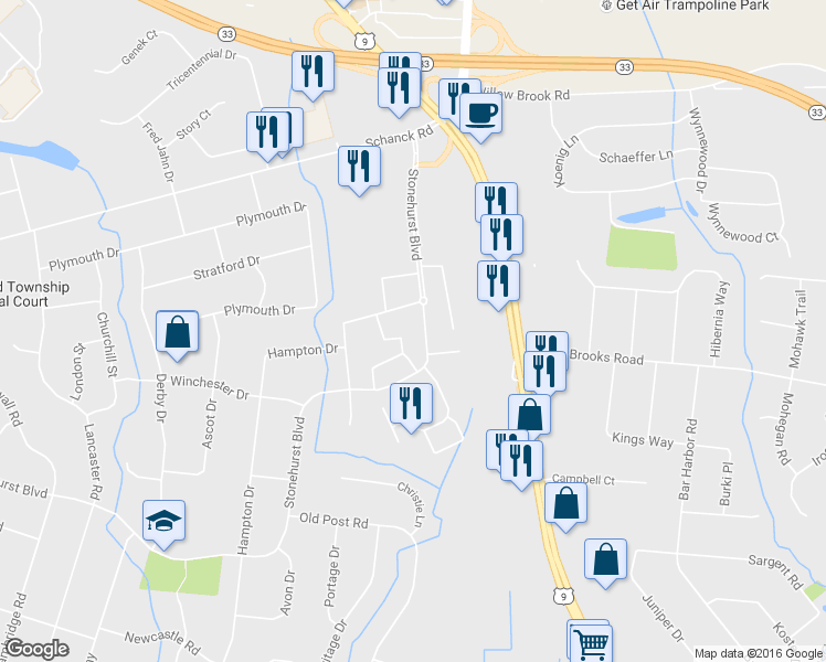 map of restaurants, bars, coffee shops, grocery stores, and more near 63 Stonehurst Boulevard in Freehold