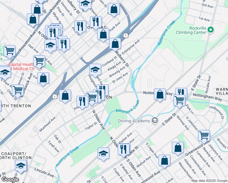 map of restaurants, bars, coffee shops, grocery stores, and more near 697 North Clinton Avenue in Trenton