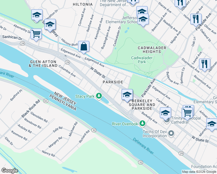 map of restaurants, bars, coffee shops, grocery stores, and more near 35 South Dean Avenue in Trenton