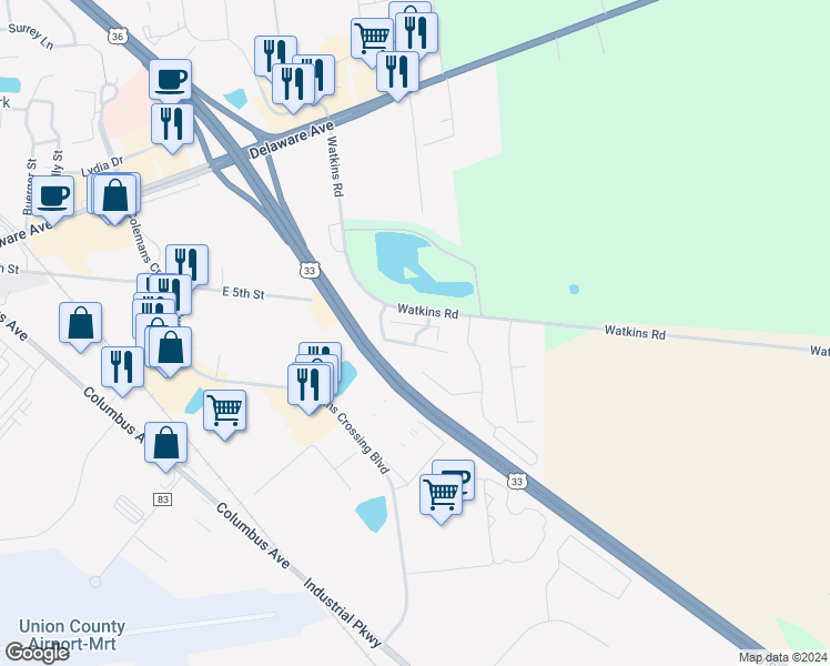 map of restaurants, bars, coffee shops, grocery stores, and more near 341 Riverwind Drive in Marysville
