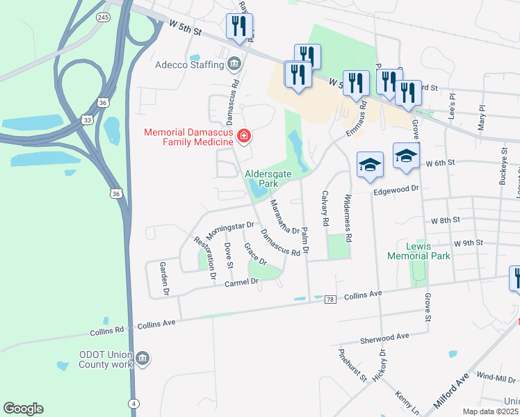 map of restaurants, bars, coffee shops, grocery stores, and more near 414 Damascus Road in Marysville