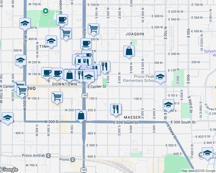 map of restaurants, bars, coffee shops, grocery stores, and more near 331 Belmont Place in Provo