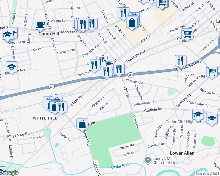 map of restaurants, bars, coffee shops, grocery stores, and more near 1824 Chatham Drive in Camp Hill