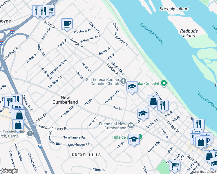 map of restaurants, bars, coffee shops, grocery stores, and more near 316 15th Street in New Cumberland