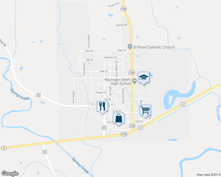 map of restaurants, bars, coffee shops, grocery stores, and more near Main Street in Novinger