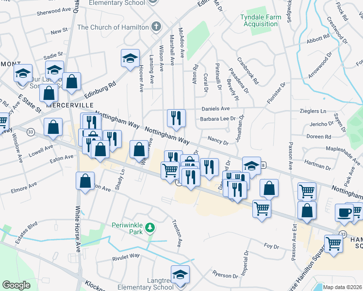 map of restaurants, bars, coffee shops, grocery stores, and more near 380 McAdoo Avenue in Hamilton Township