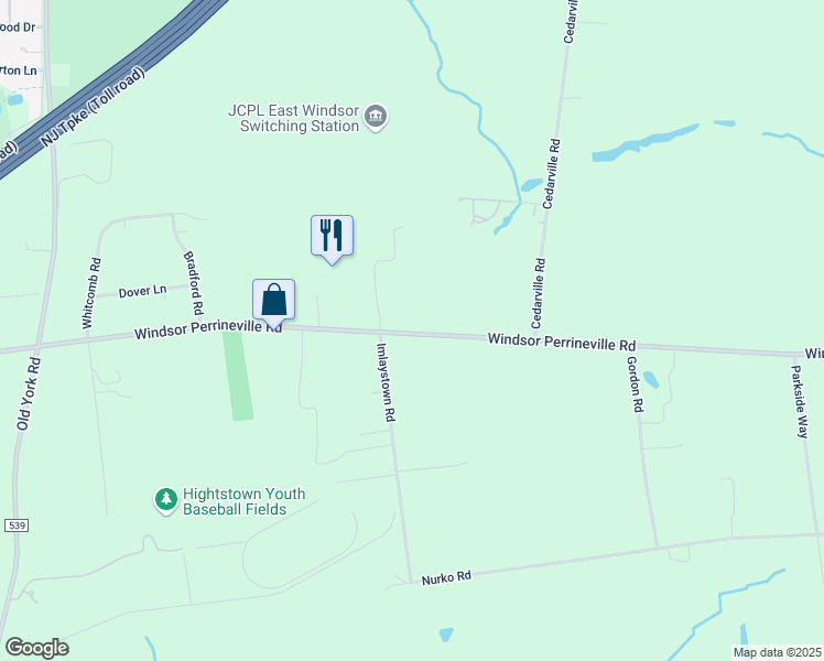 map of restaurants, bars, coffee shops, grocery stores, and more near 865 Windsor Perrineville Road in East Windsor