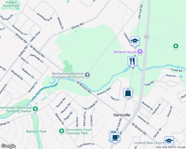 map of restaurants, bars, coffee shops, grocery stores, and more near 1465 Meetinghouse Road in Warminster