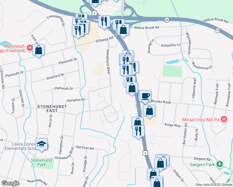 map of restaurants, bars, coffee shops, grocery stores, and more near 56 Stonehurst Boulevard in Freehold