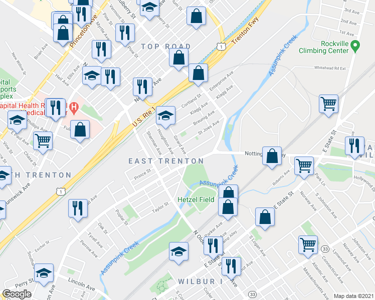map of restaurants, bars, coffee shops, grocery stores, and more near 325 Saint Joes Avenue in Trenton