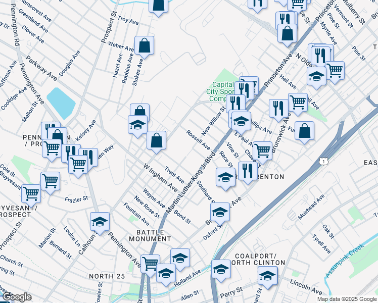 map of restaurants, bars, coffee shops, grocery stores, and more near 875 New Willow Street in Trenton