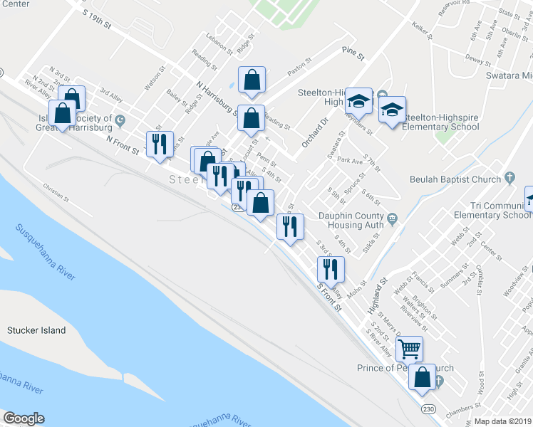 map of restaurants, bars, coffee shops, grocery stores, and more near 123 South 2nd Street in Steelton