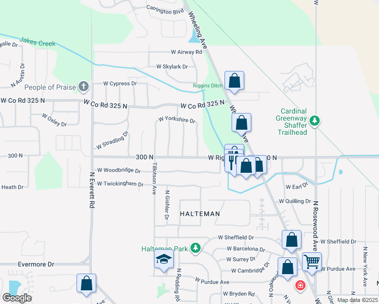 map of restaurants, bars, coffee shops, grocery stores, and more near 4910-5000 North Cornwall Drive in Muncie
