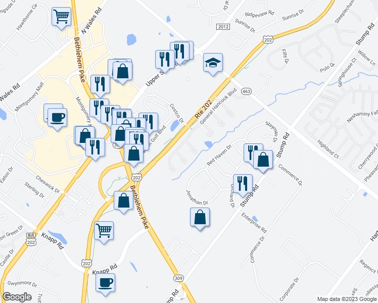 map of restaurants, bars, coffee shops, grocery stores, and more near 201 Jene Court in North Wales