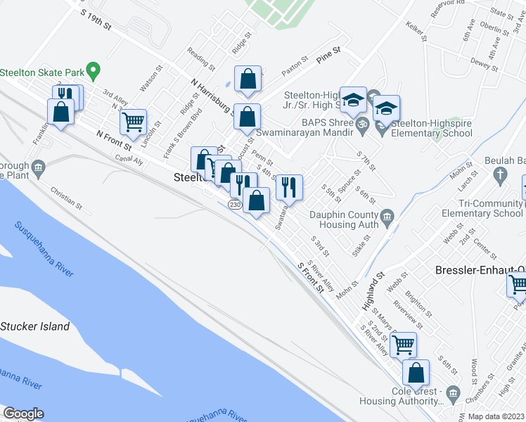 map of restaurants, bars, coffee shops, grocery stores, and more near 156 South 2nd Street in Steelton