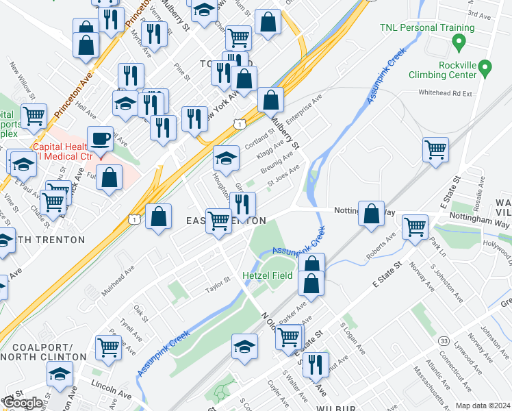 map of restaurants, bars, coffee shops, grocery stores, and more near 11 Mechanics Avenue in Trenton