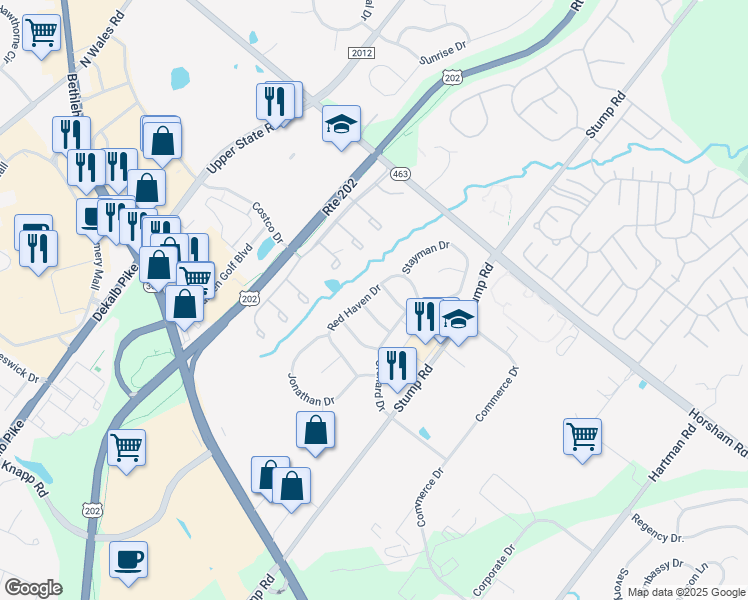 map of restaurants, bars, coffee shops, grocery stores, and more near 223 Red Haven Drive in North Wales