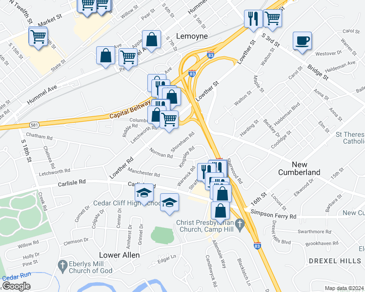 map of restaurants, bars, coffee shops, grocery stores, and more near 1185 Shoreham Road in Camp Hill
