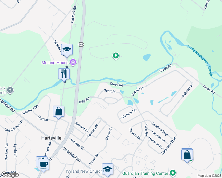 map of restaurants, bars, coffee shops, grocery stores, and more near 1215 Scott Place in Warminster