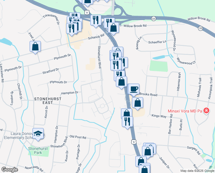 map of restaurants, bars, coffee shops, grocery stores, and more near 56 Stonehurst Boulevard in Freehold