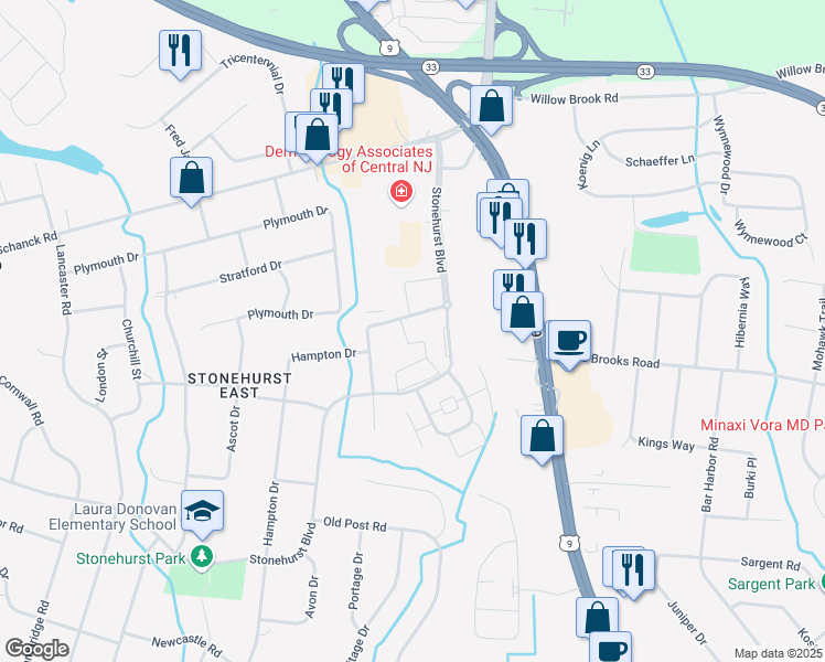 map of restaurants, bars, coffee shops, grocery stores, and more near 9 Spring Terrace in Freehold