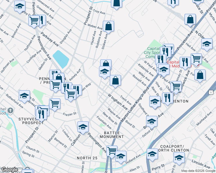 map of restaurants, bars, coffee shops, grocery stores, and more near Bismark Street in Ewing Township