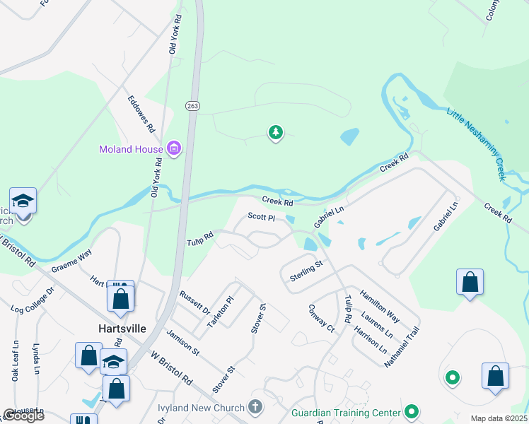 map of restaurants, bars, coffee shops, grocery stores, and more near 1215 Scott Place in Warminster