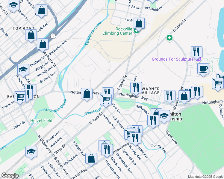 map of restaurants, bars, coffee shops, grocery stores, and more near 1725 Roberts Avenue in Hamilton Township