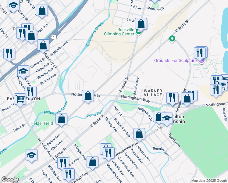 map of restaurants, bars, coffee shops, grocery stores, and more near 1725 Roberts Avenue in Hamilton Township
