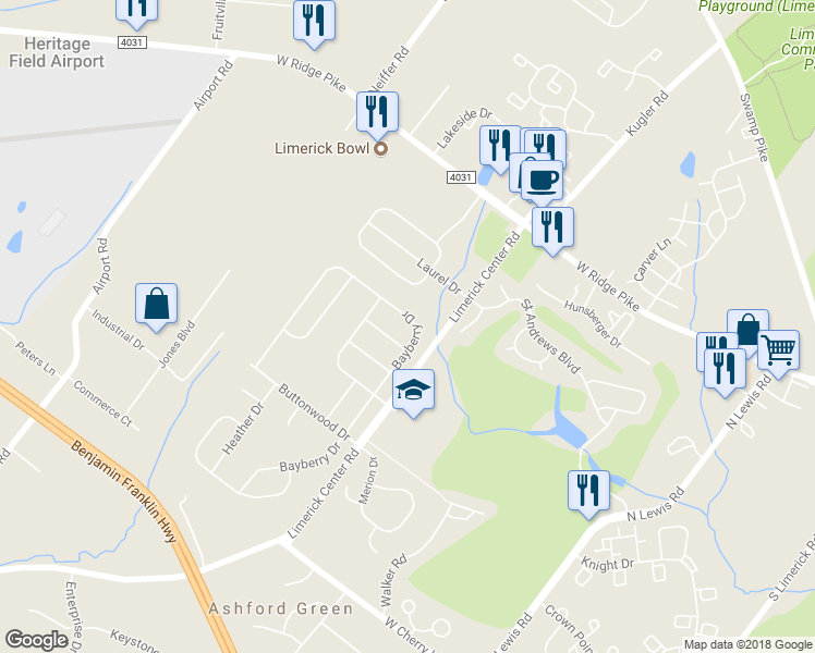 map of restaurants, bars, coffee shops, grocery stores, and more near 161 Bayberry Drive in Royersford