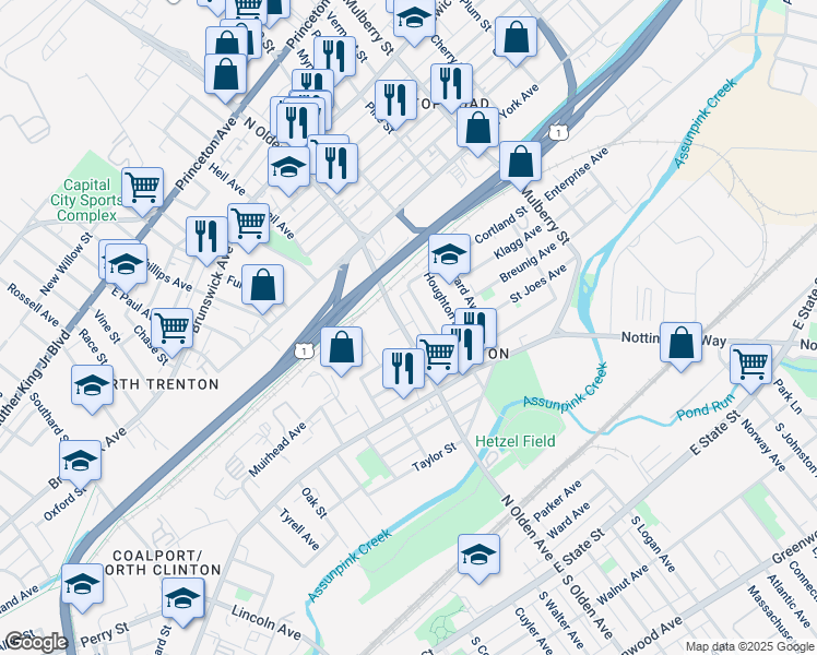 map of restaurants, bars, coffee shops, grocery stores, and more near 644 North Olden Avenue in Trenton