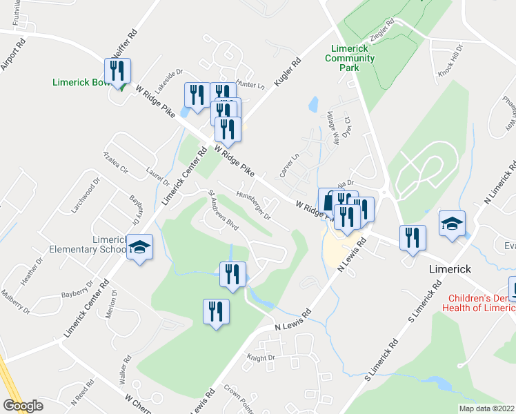 map of restaurants, bars, coffee shops, grocery stores, and more near 1903 Hunsberger Drive in Royersford