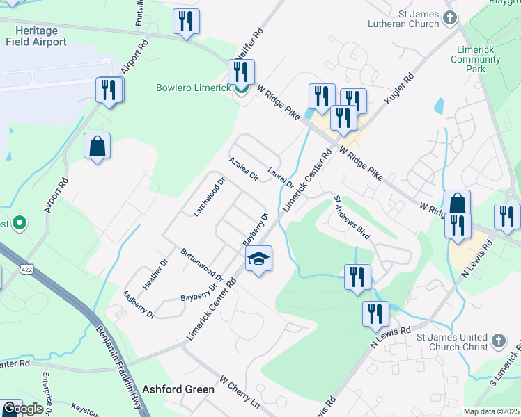 map of restaurants, bars, coffee shops, grocery stores, and more near 161 Bayberry Drive in Royersford