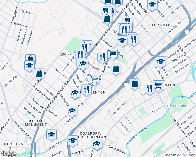 map of restaurants, bars, coffee shops, grocery stores, and more near 633 Brunswick Avenue in Trenton
