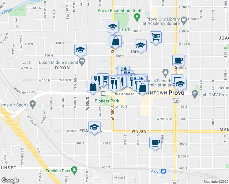 map of restaurants, bars, coffee shops, grocery stores, and more near 8 North 500 West in Provo