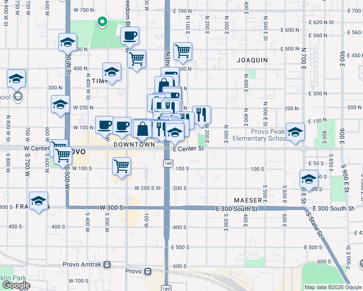 map of restaurants, bars, coffee shops, grocery stores, and more near 61 North 100 East in Provo