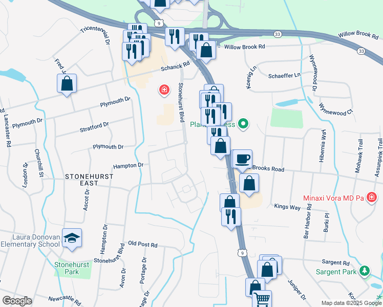 map of restaurants, bars, coffee shops, grocery stores, and more near 2 Windsor Terrace in Freehold