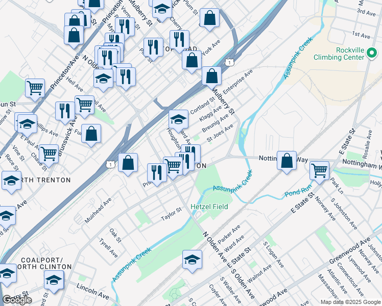 map of restaurants, bars, coffee shops, grocery stores, and more near 121 Girard Avenue in Trenton