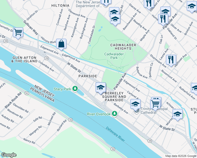 map of restaurants, bars, coffee shops, grocery stores, and more near 24 North Eastfield Avenue in Trenton